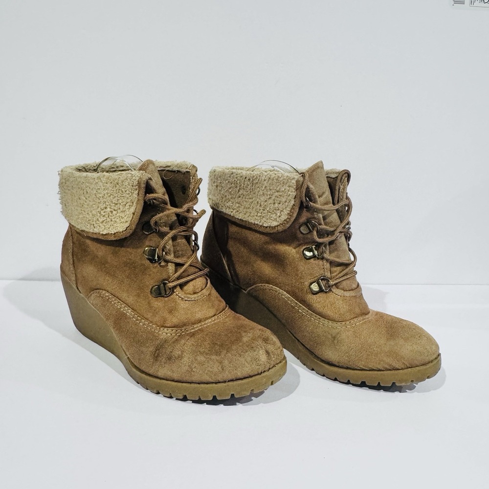 Y2K Mudd Bootie Heels Women's Size 7.5 Brown Suede Fold Overβ Top GUC